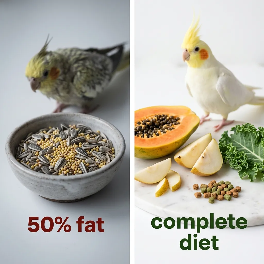 Antes e Depois: Dieta de sementes vs Alimentação natural para calopsitas