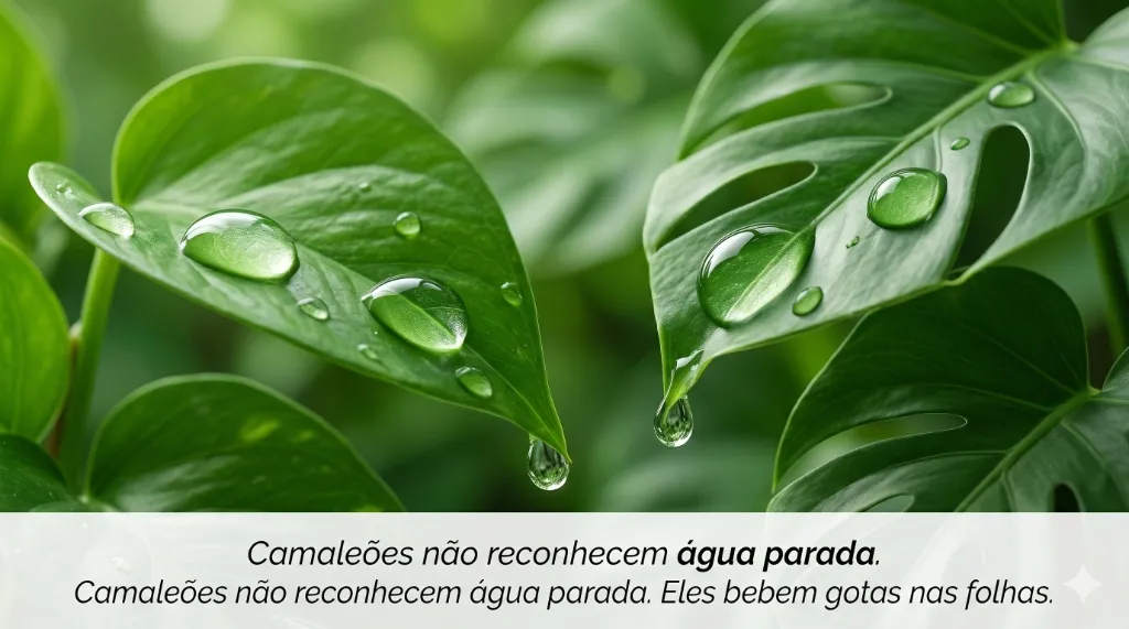 Hidratação de Camaleões: gotículas de água em folhas verdes