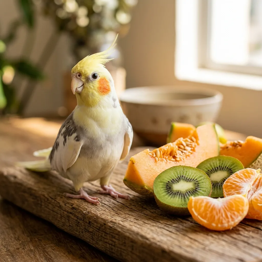 Calopsita ao lado de frutas frescas como melão, kiwi e mexerica