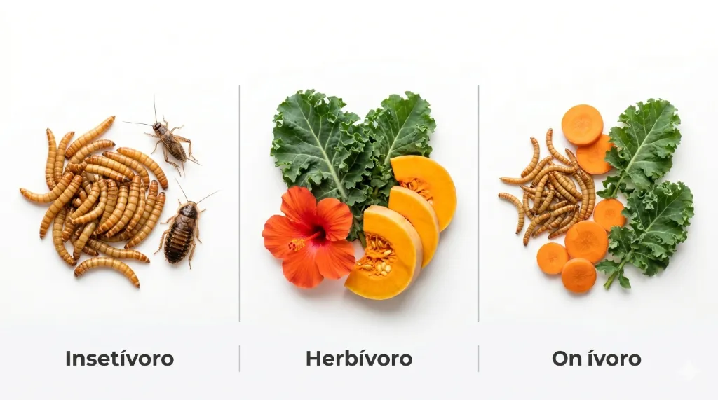 Três categorias alimentares de répteis: Insetívoro, Herbívoro e Onívoro
