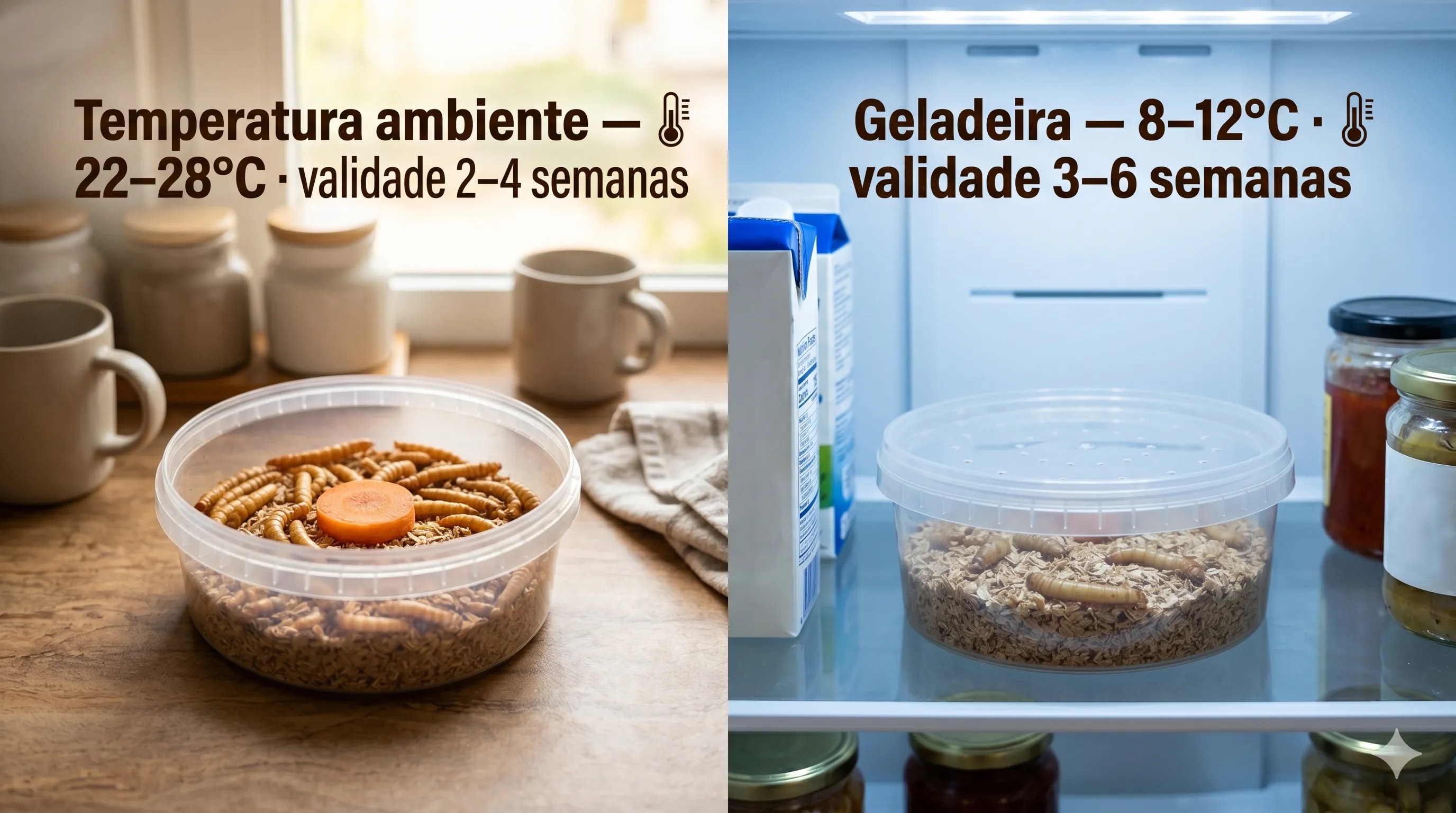 Comparativo de potes plásticos e recipientes adequados para armazenamento de tenébrio vivo