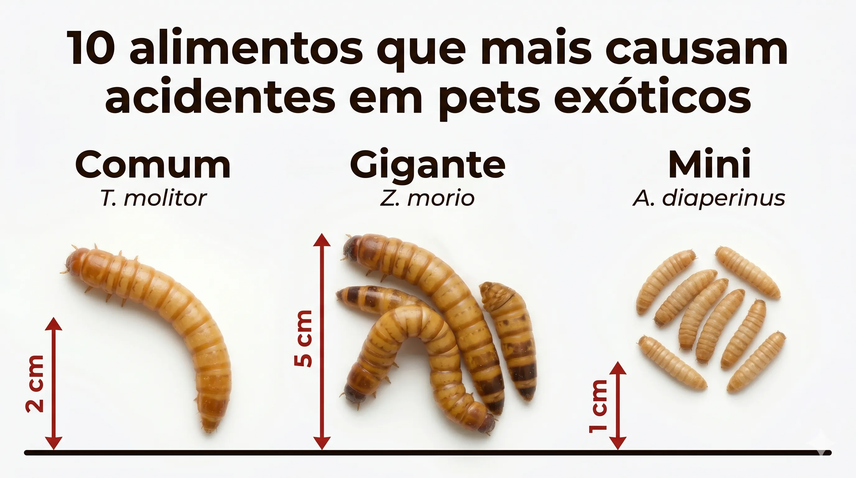 Comparativo de tamanho: Comum T. molitor (2 cm), Gigante Z. morio (5 cm), Mini A. diaperinus (1 cm)