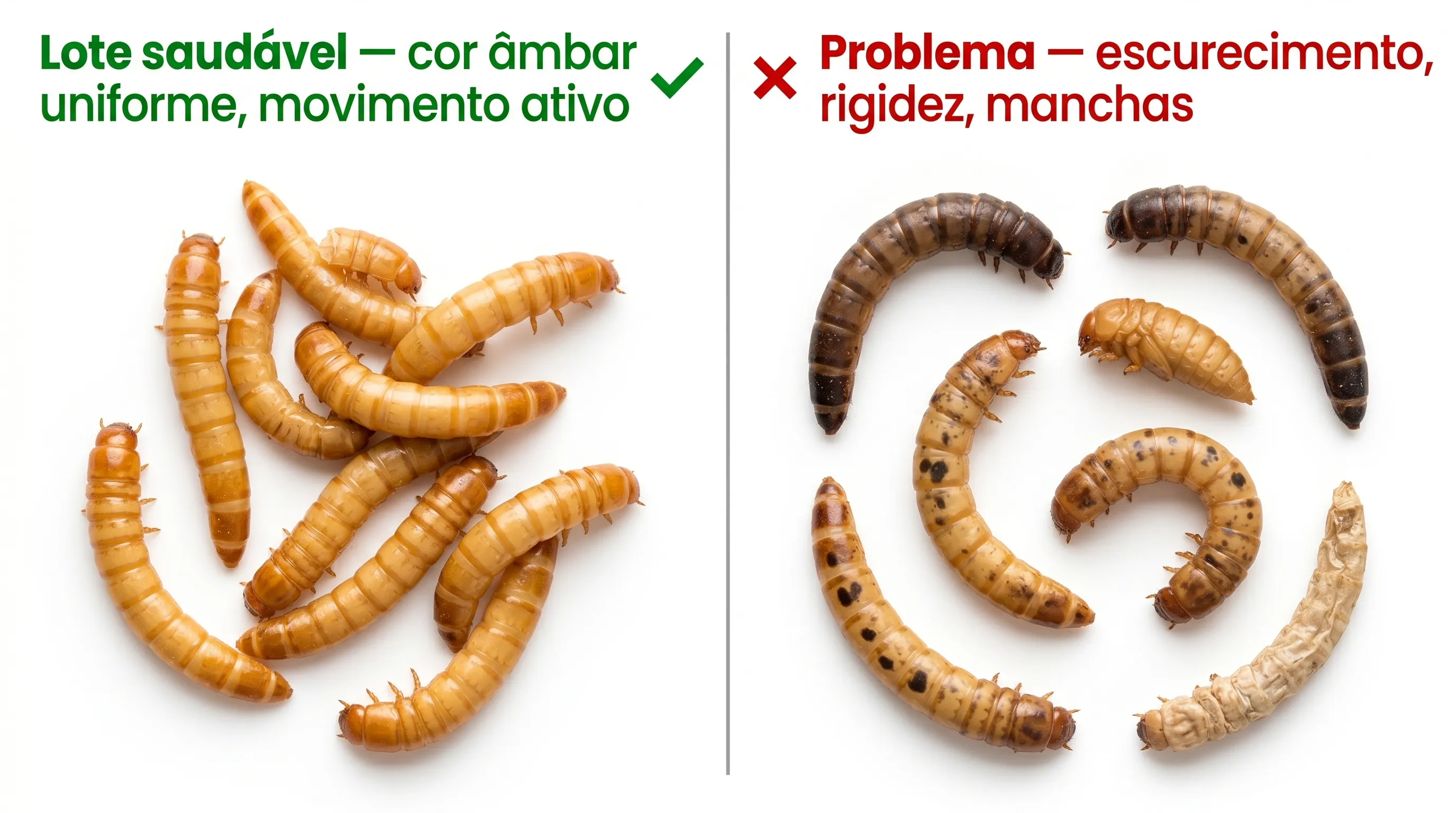 Comparativo de lote saudável versus lote problemático de larvas de tenébrio