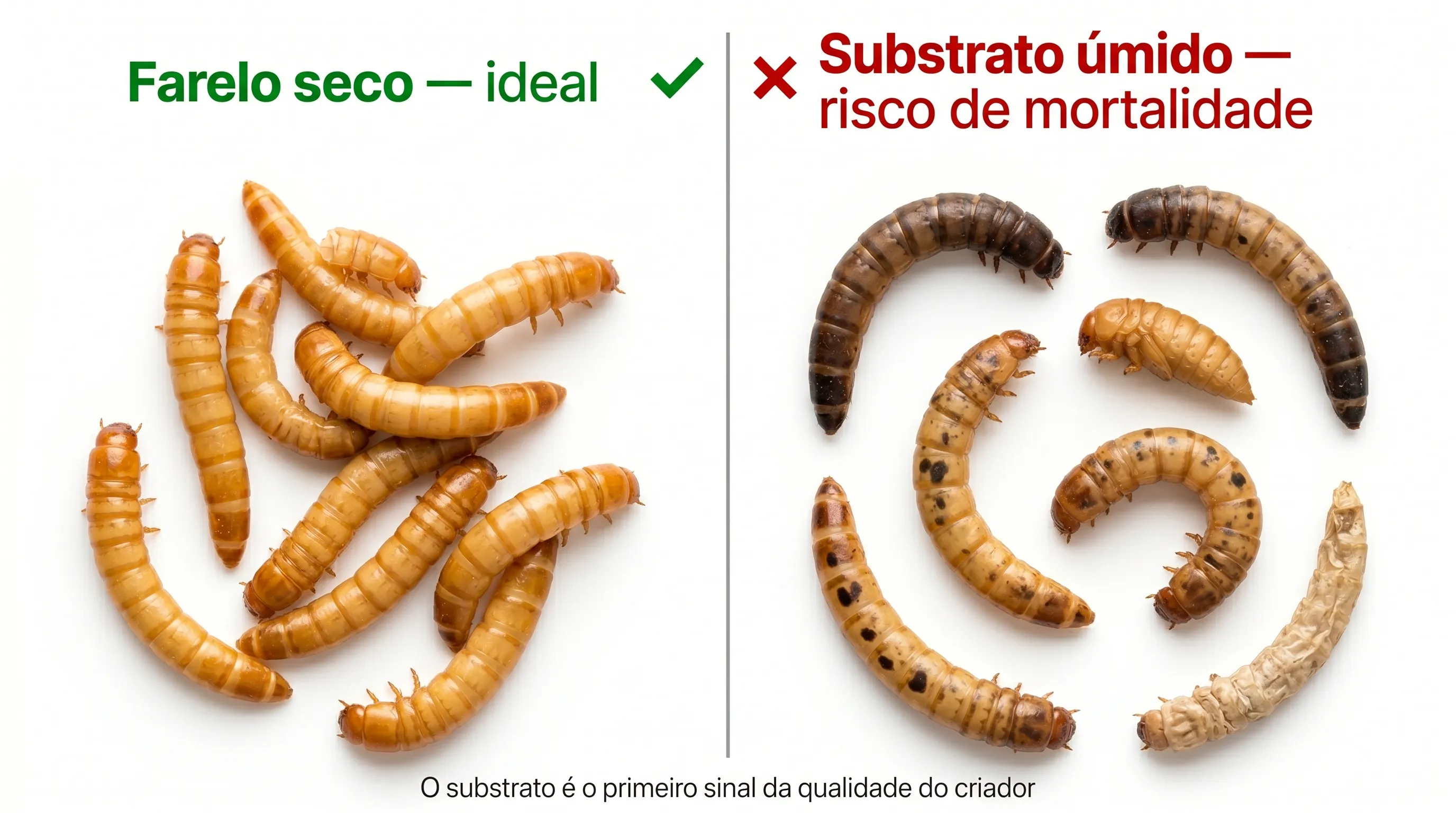 Comparativo de farelo seco ideal versus substrato úmido problemático
