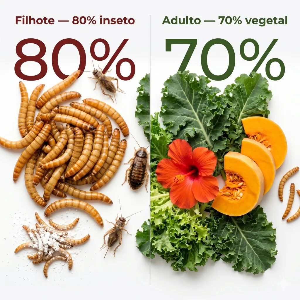 Proporções da dieta de Pogona: Filhote (80% inseto) vs Adulto (70% vegetal)