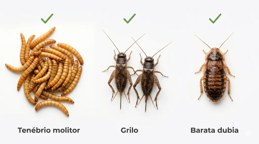 Insetos recomendados para Gecko Leopardo: Tenébrio molitor, Grilo e Barata dubia