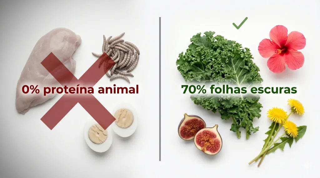 Iguana Verde: 0% proteína animal vs 70% folhas escuras