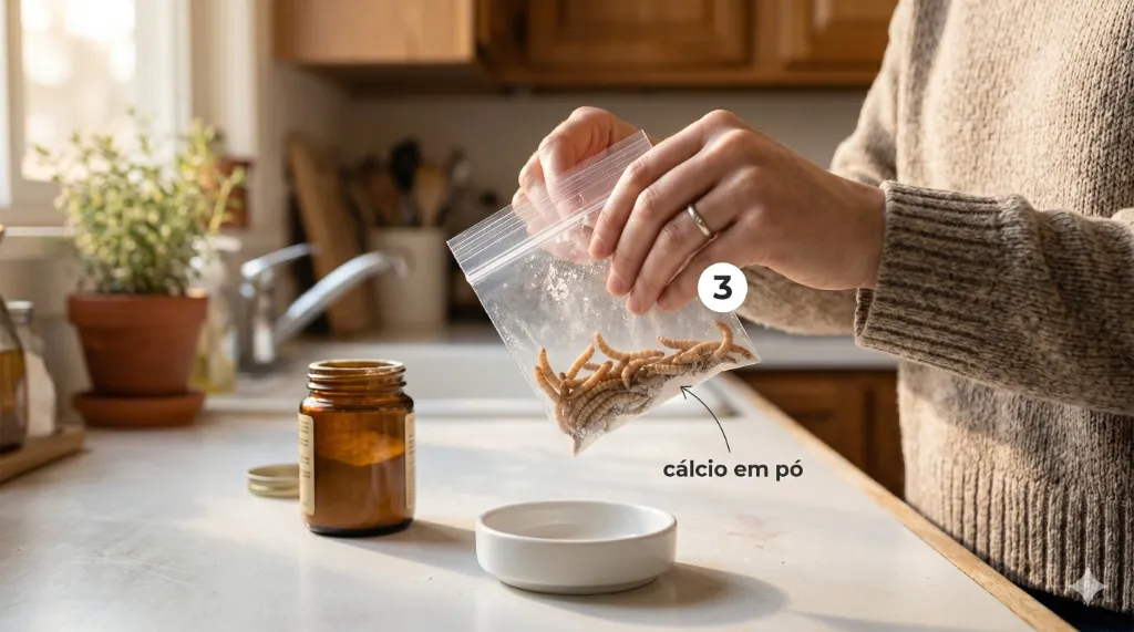 Como fazer dusting de cálcio passo a passo em saco ziploc com tenébrios vivos