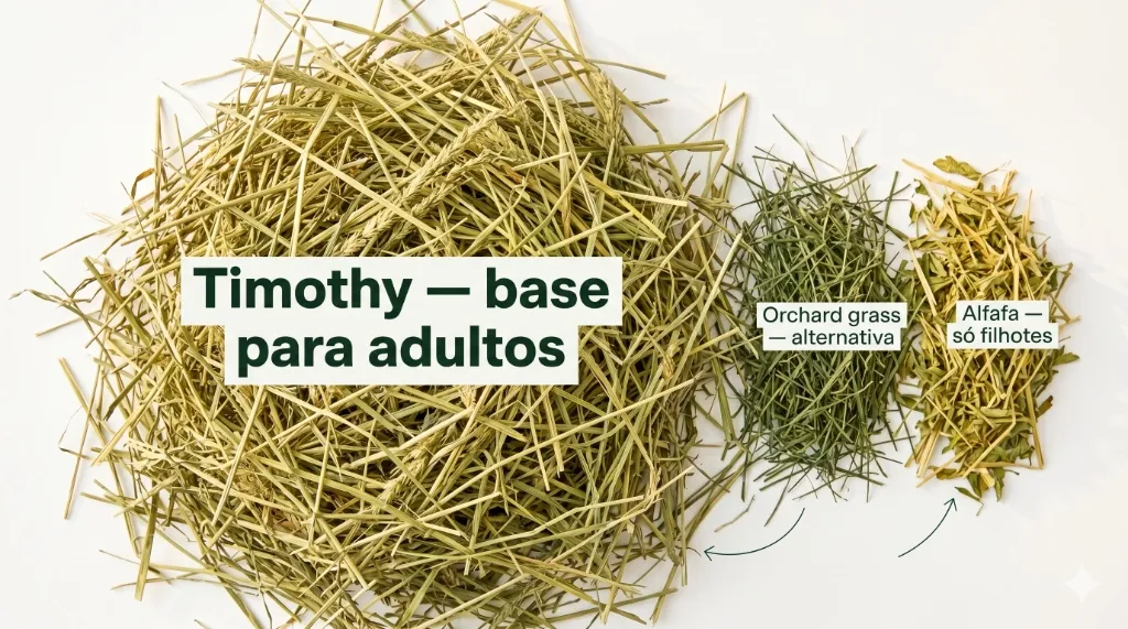 Tipos de feno para roedores: Timothy (base para adultos), Orchard grass (alternativa), Alfafa (apenas filhotes)