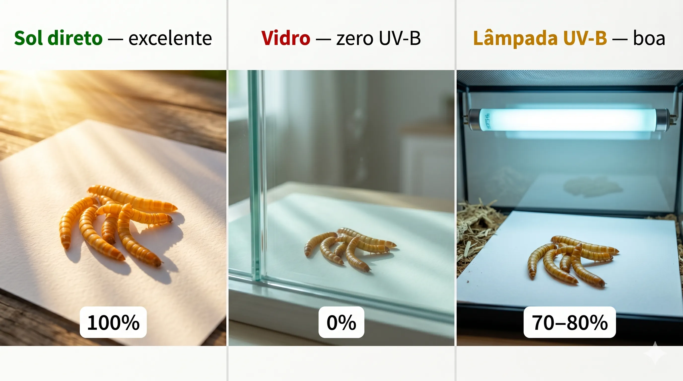 Comparativo de radiação UV-B: sol real vs vidro vs lâmpadas