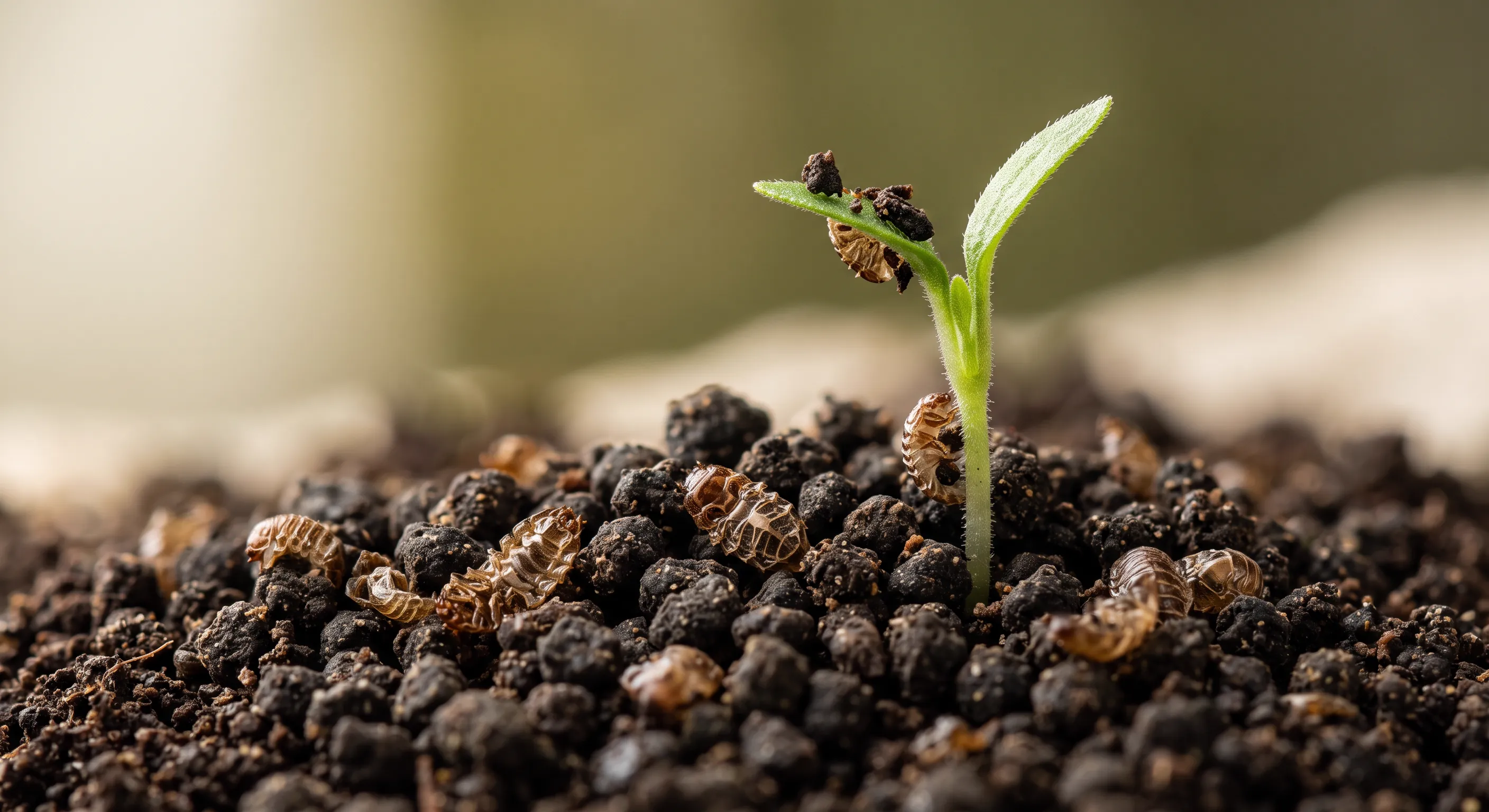 Macro do frass de tenébrio com exúvias ao lado de uma muda verde emergente