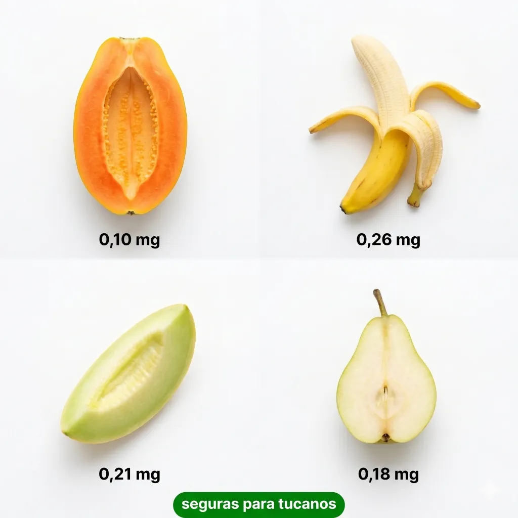 Frutas de baixo teor de ferro recomendadas para tucanos: mamão (0,10 mg), banana (0,26 mg), melão (0,21 mg), pêra (0,18 mg)