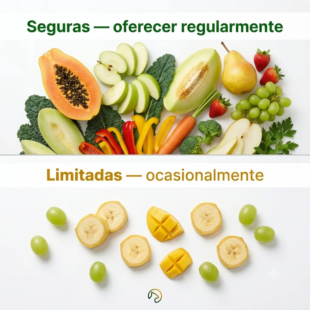 Comparativo de frutas seguras versus limitadas para calopsitas e psitacídeos