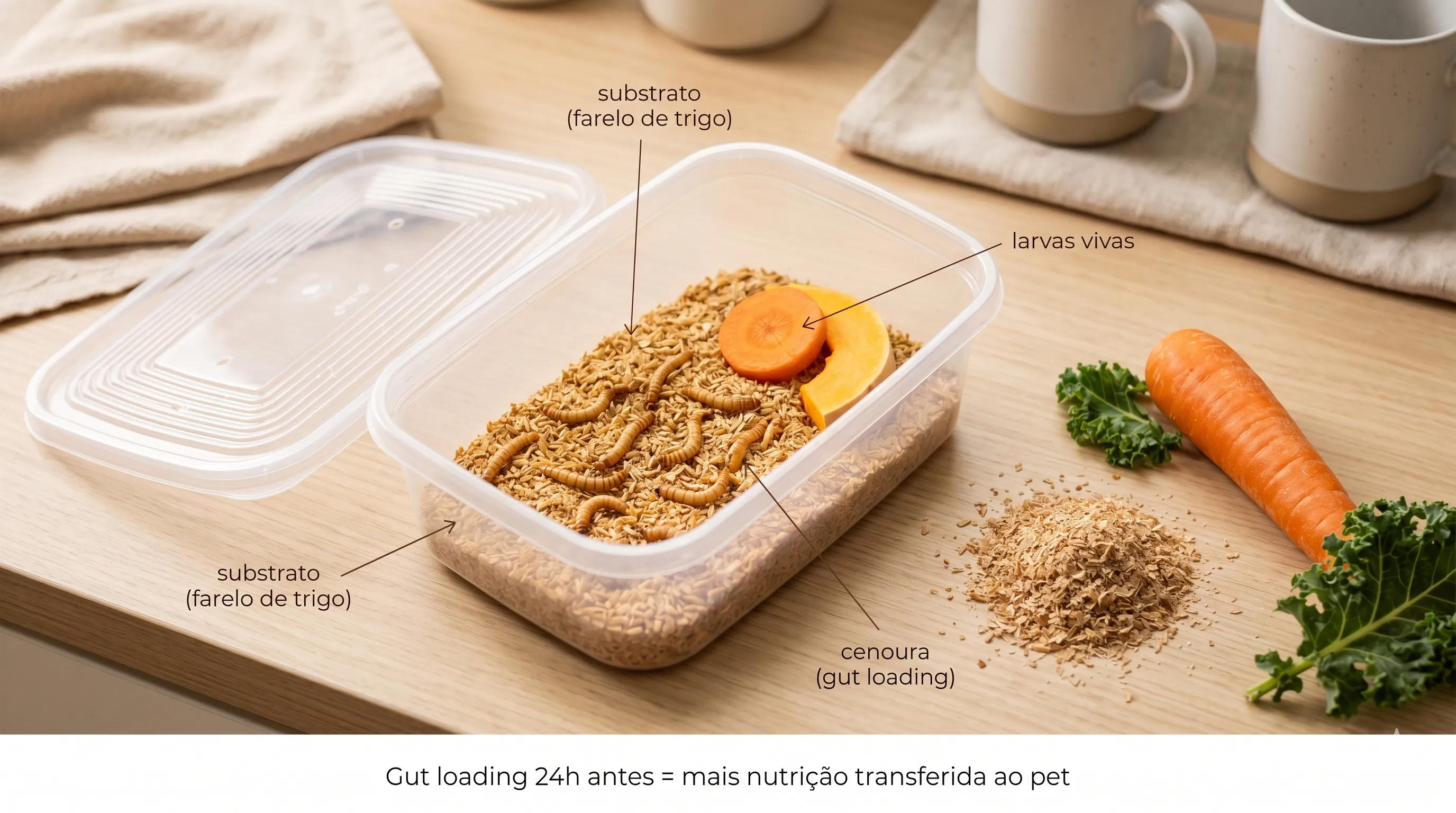 Larvas de tenébrio se alimentando de vegetais frescos em técnica de gut loading