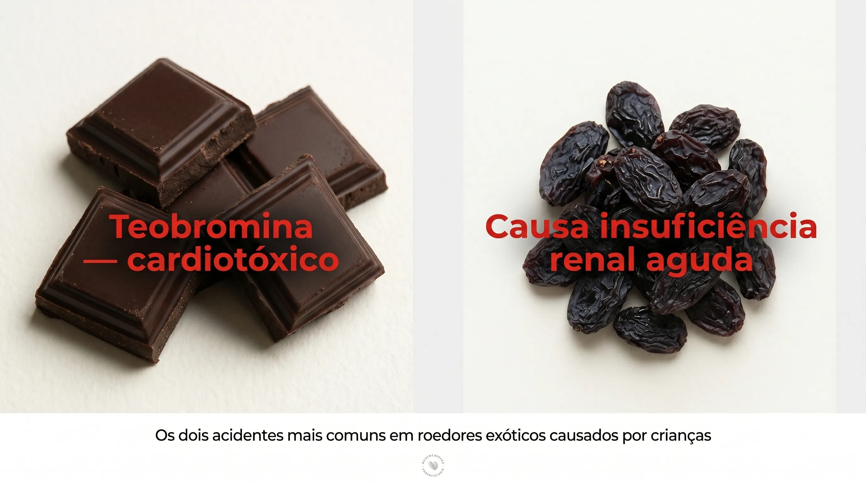 Dois maiores perigos para roedores exóticos: Chocolate (teobromina - cardiotóxico) e Uvas-passas (causa insuficiência renal aguda)
