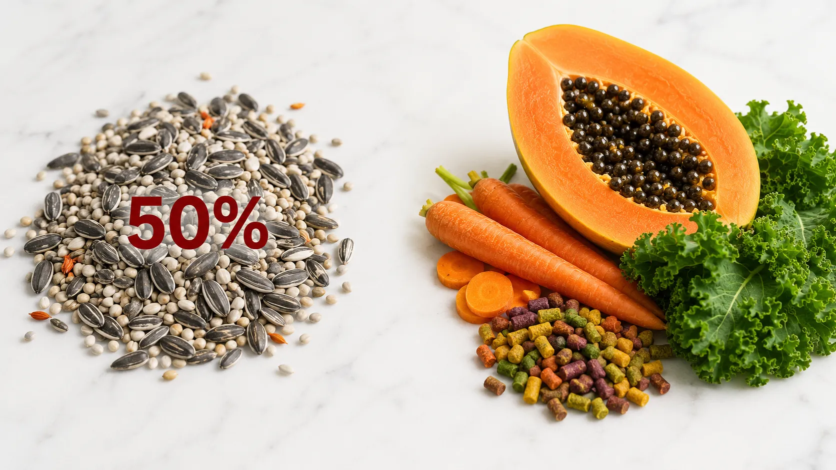 Comparação: 50% de gordura em sementes vs Nutrição completa com frutas e vegetais