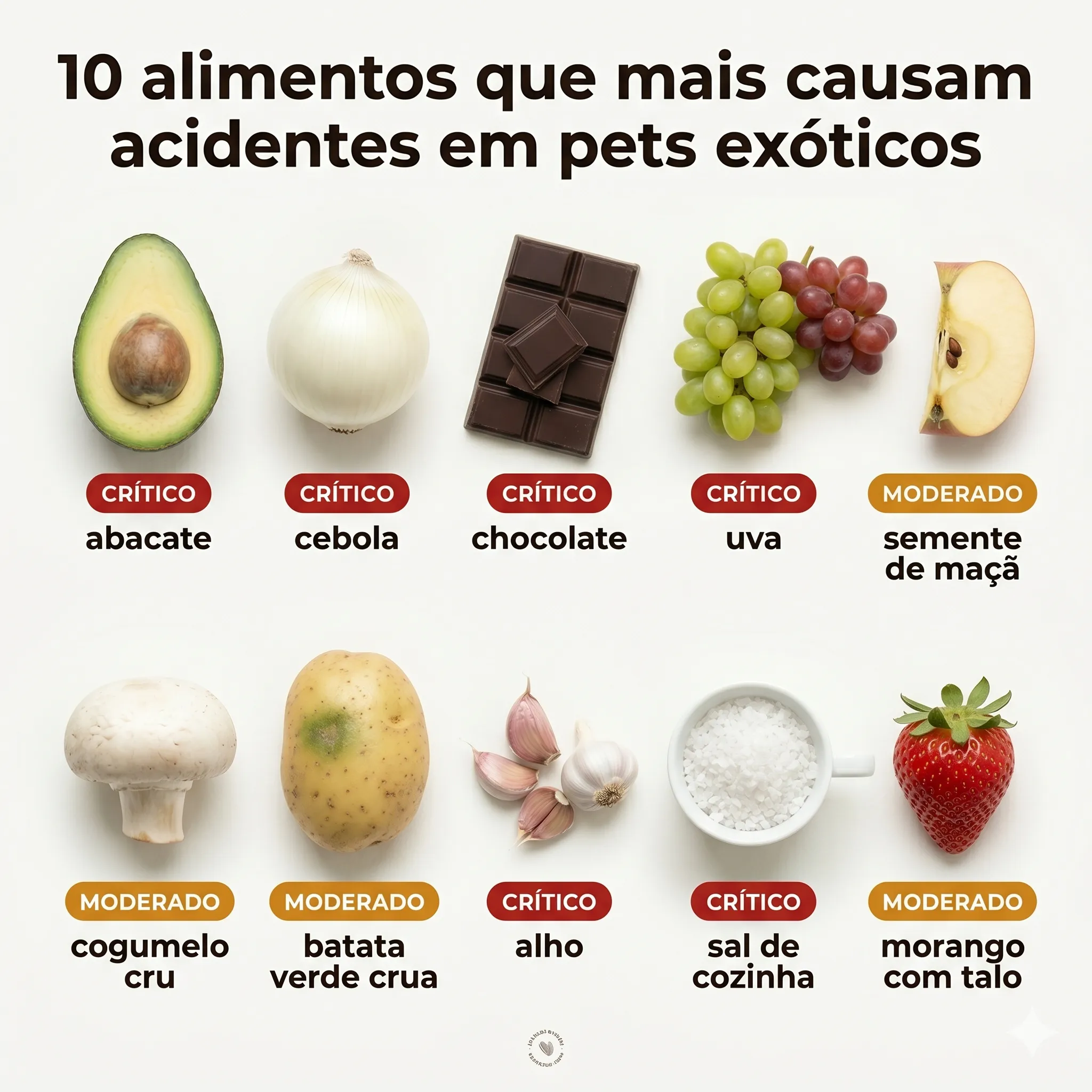 10 alimentos que mais causam acidentes em pets exóticos: abacate, cebola, chocolate, uva, semente de maçã, cogumelo cru, batata verde crua, alho, sal de cozinha, morango com talo