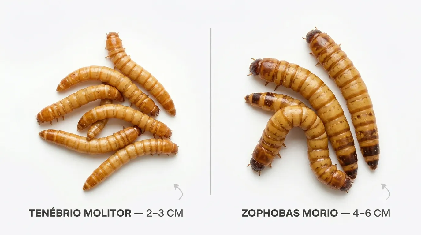 Comparação visual: Tenébrio Molitor (2-3 cm) vs Zophobas Morio (4-6 cm)