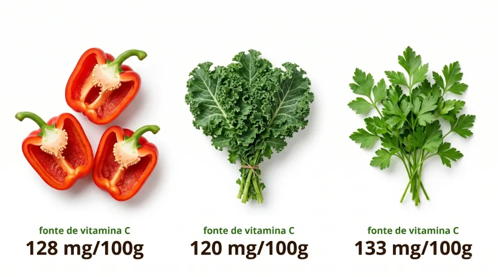 Fontes de Vitamina C para Porquinho-da-índia: Pimentão vermelho (128 mg/100g), Couve (120 mg/100g), Salsa (133 mg/100g)